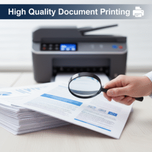 Stack of professionally printed documents and a PDF icon